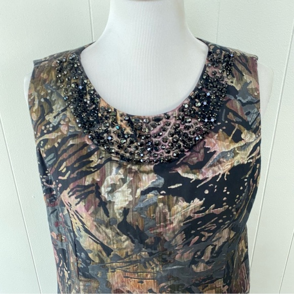 Teri Jon Jacquard Sleeveless Pencil Dress Embellished Jewel Neckline Metallic 16 - Picture 2 of 13